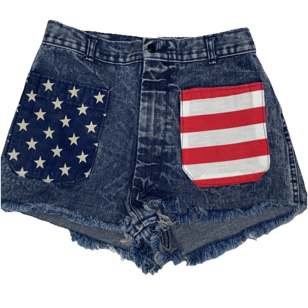 Vintage Navdungaree Denim Cutoff Shorts USA Flag Pockets Womens 31 USA Indie Twe